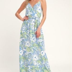 NWT! Lulu's Sunrise in Paradise Blue Multi Tropical Print Maxi Dress